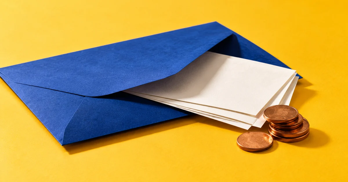 Ultramarine envelope, blank slips and copper coins on a saffron-yellow table