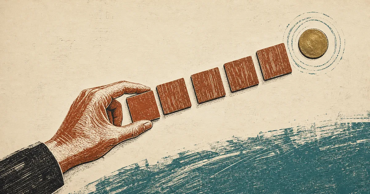 Linocut hand closing a row of wooden tiles toward a brass circle to represent final pay