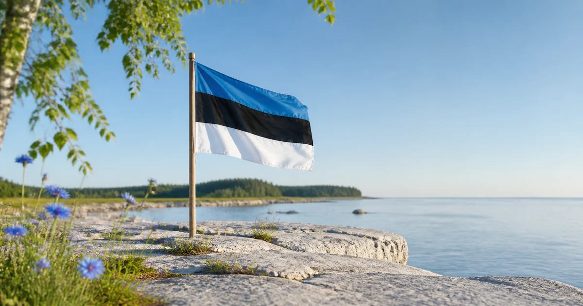 Estonian flag flying above a limestone Baltic shore on a clear August morning