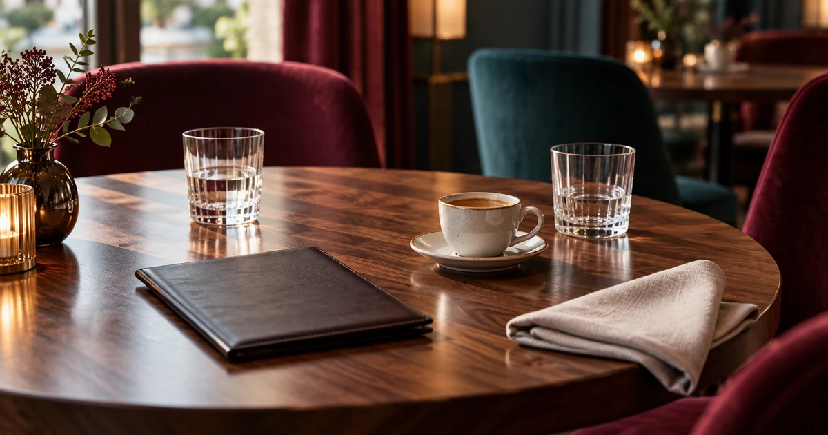 Mesa de restaurante con café y carpeta de cuenta sin texto, rodeada de sillas burdeos y verde azulado