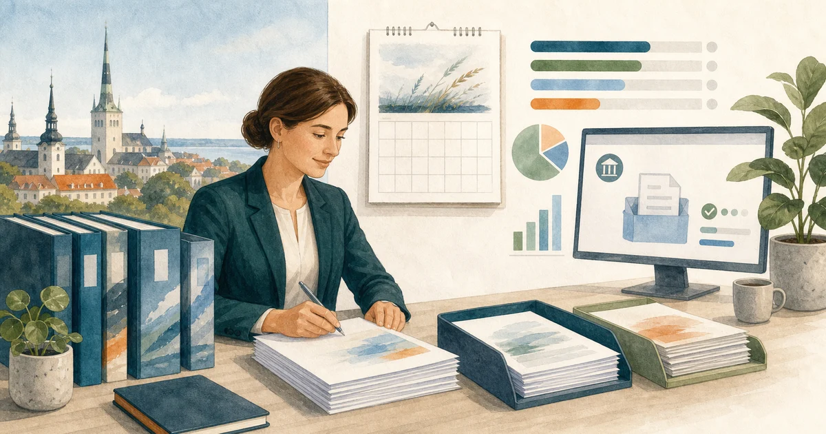 Illustratsioon aastaaruannete kaustadest ja edenemise graafikutest Eesti raamatupidamisbüroos