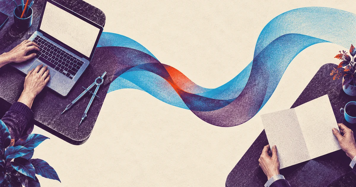 A cyan ribbon joins two desks in a textured editorial illustration