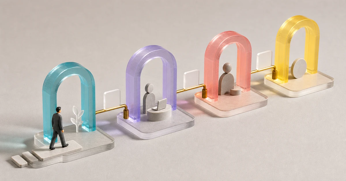Acrylic diorama showing the lifecycle of an employment-register entry from start to closure