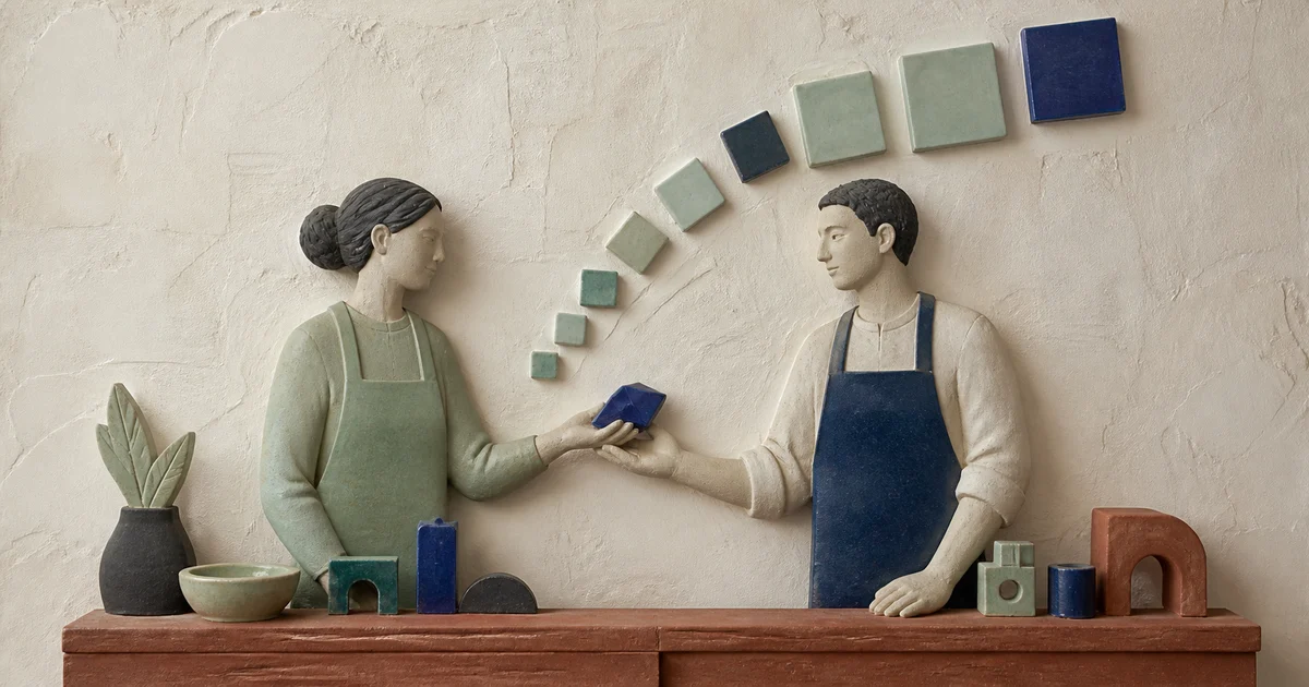 Ceramic relief of two workers exchanging a skill tool beneath rising tiles