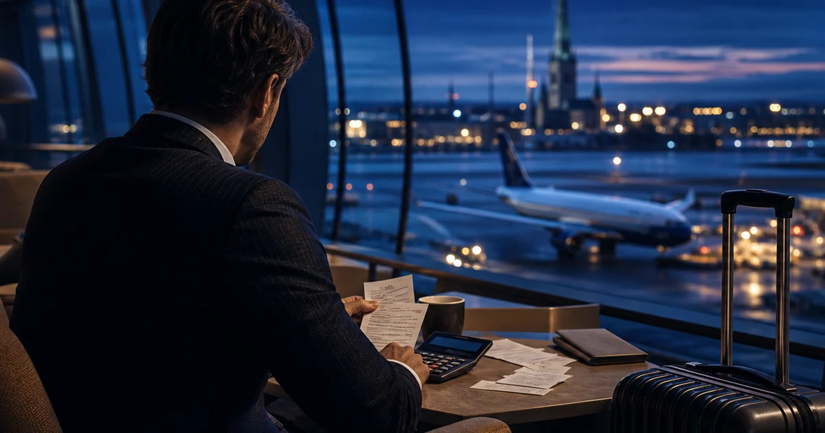 Business traveller reviewing receipts and a calculator in an airport lounge at blue hour