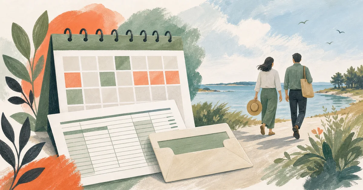 Ilustración en acuarela de calendario de vacaciones y nómina junto al mar Báltico